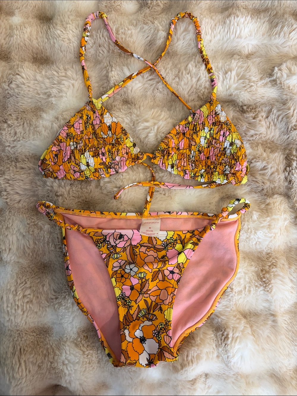 Xhilaration orange pink and yellow floral print bikini size medium